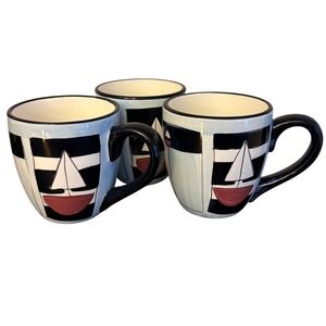 Brushes KIC Handpainted Mugs | Set of 3‎ | Nautical Sailboat Ceramic Coffee Mugs